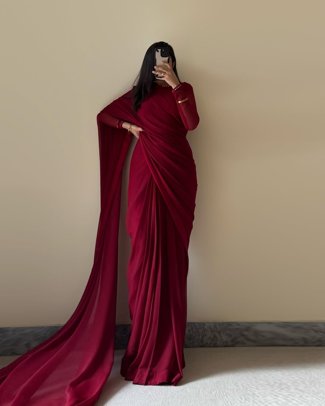 Maroon Stitched Chiffon Drape Saree
