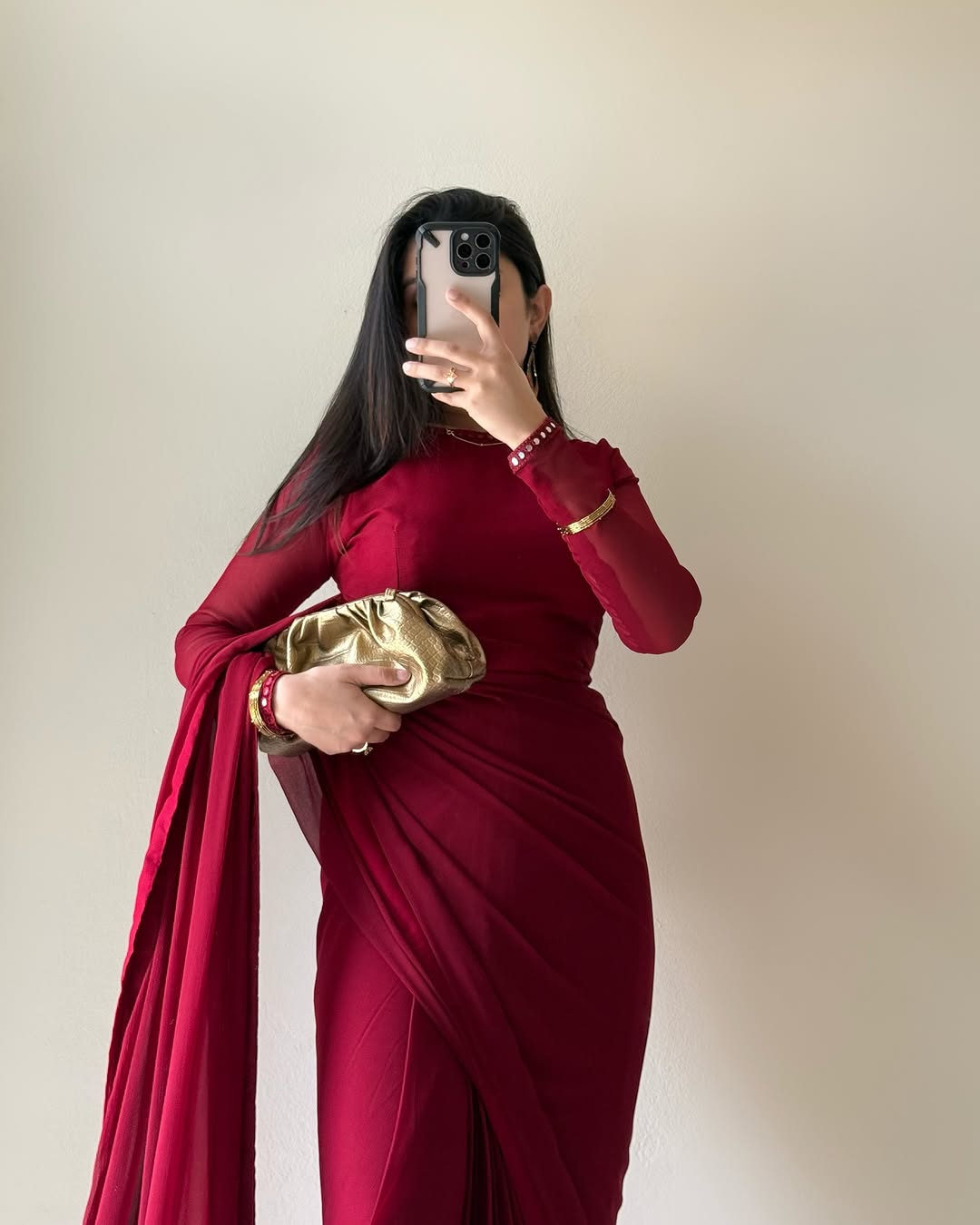 Maroon Stitched Chiffon Drape Saree
