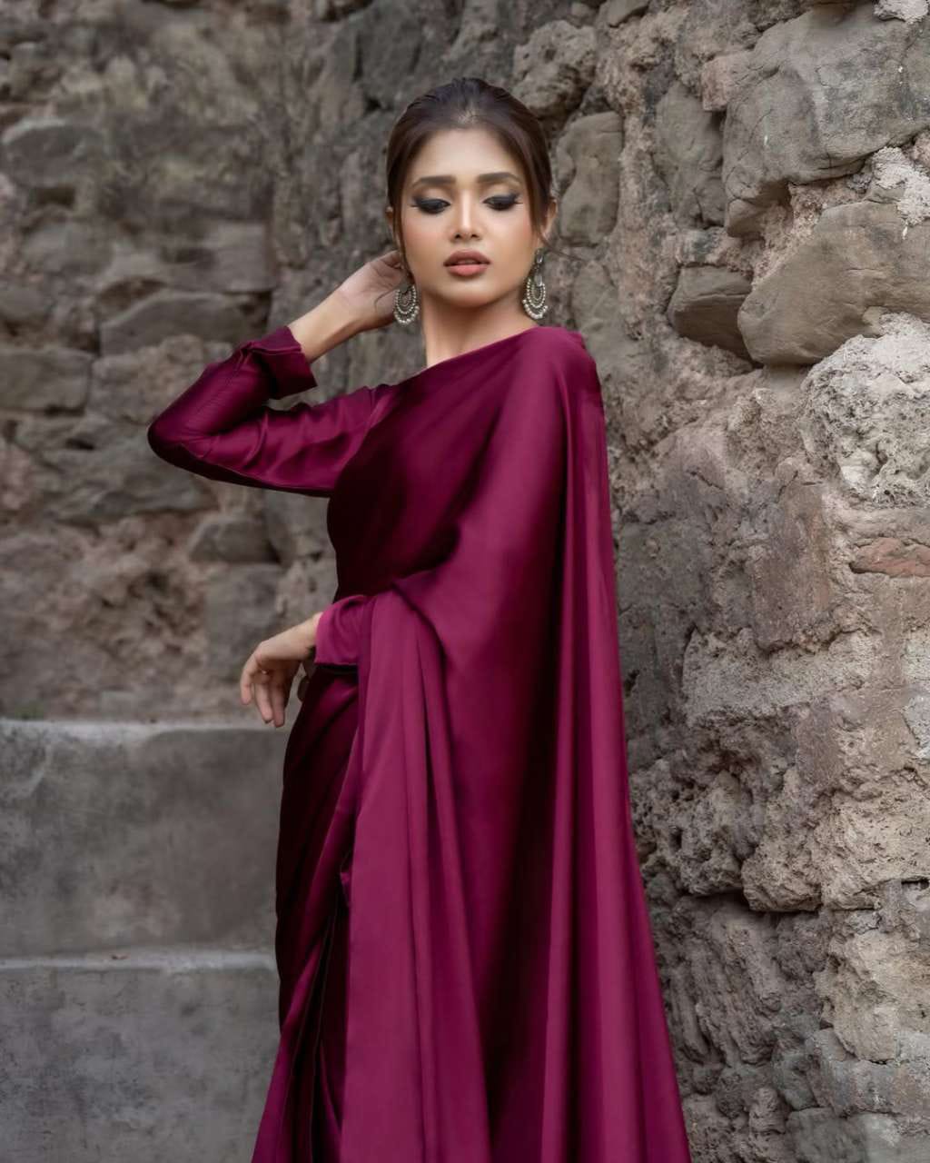 Magenta Stitched Plain Silk Saree