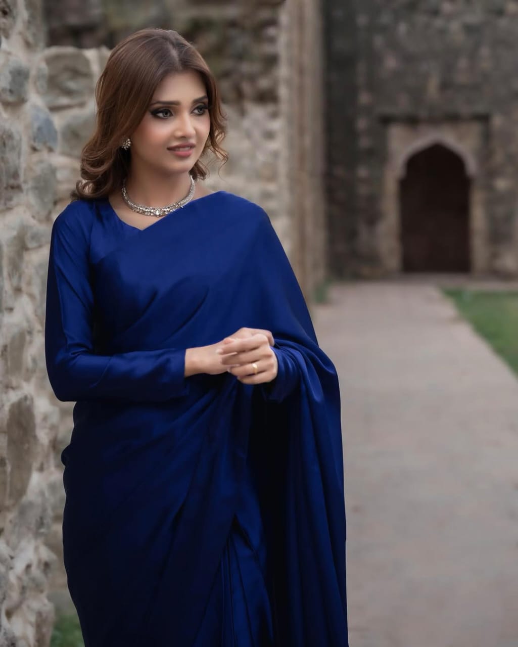 Royal Blue Stitched Plain Silk Saree