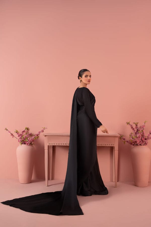 Black Stitched Plain Silk Saree