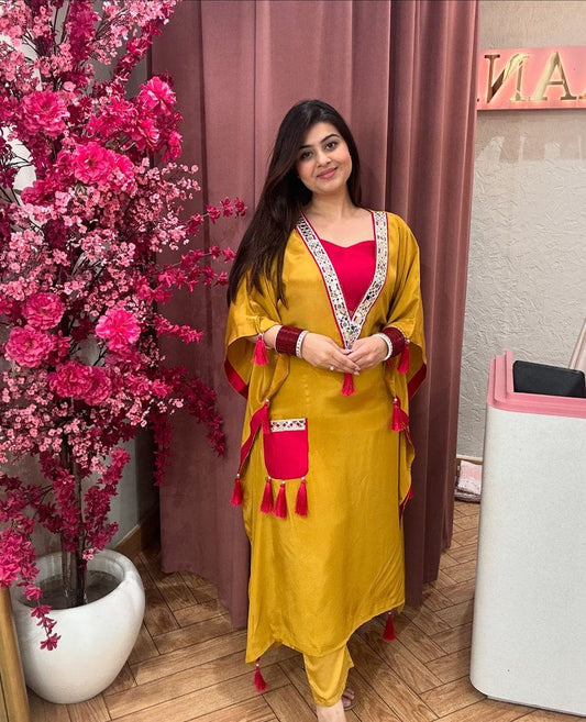 LAVISH PINK V-NECK KAFTAN WITH TASSELS