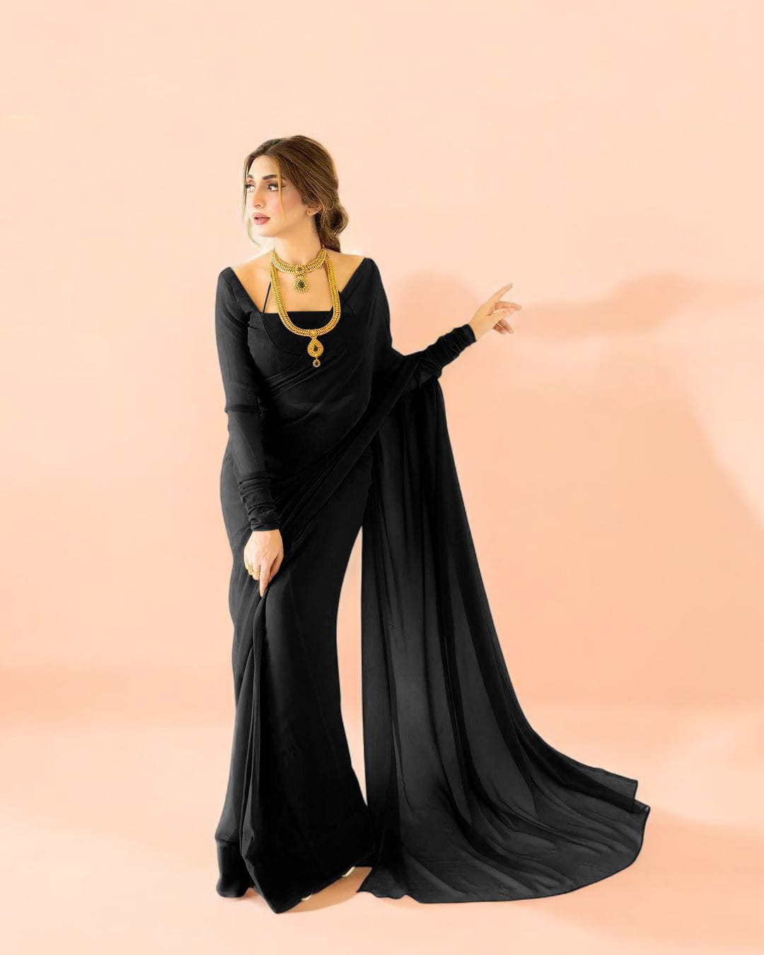 LuxeFit Glow – Premium Chiffon Stitched Saree