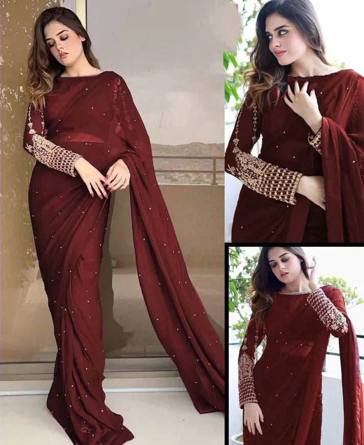 CHIFFON SAREE WITH SLEEVES EMBROIDERED