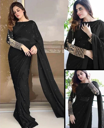 CHIFFON SAREE WITH SLEEVES EMBROIDERED