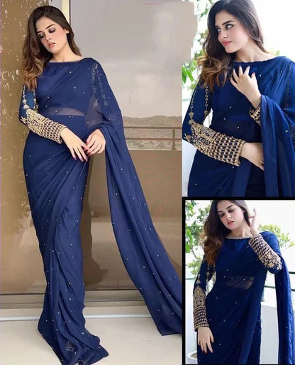 CHIFFON SAREE WITH SLEEVES EMBROIDERED