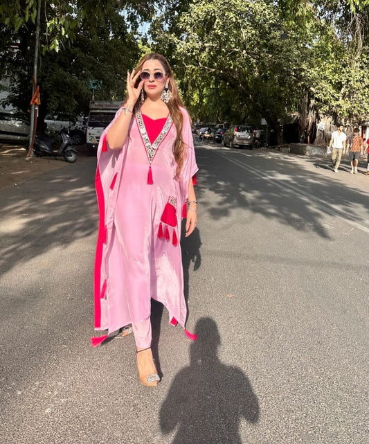 LAVISH PINK V-NECK KAFTAN WITH TASSELS