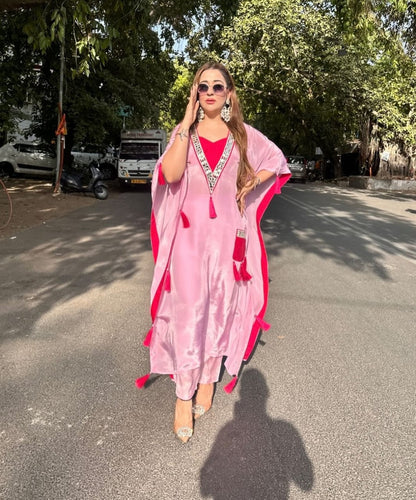 LAVISH PINK V-NECK KAFTAN WITH TASSELS