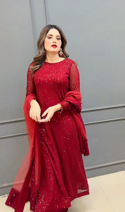 Radiant Ruby Red Embellished Long Shirt