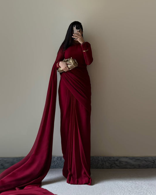 Maroon Stitched Chiffon Drape Saree