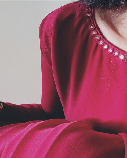 Maroon Stitched Chiffon Drape Saree