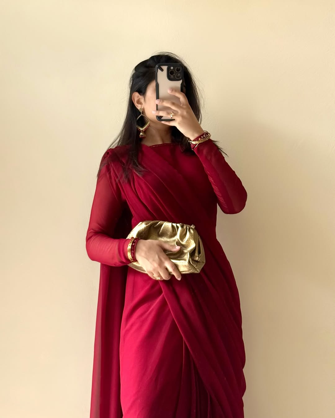 Maroon Stitched Chiffon Drape Saree