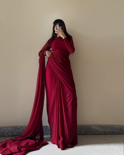 Maroon Stitched Chiffon Drape Saree