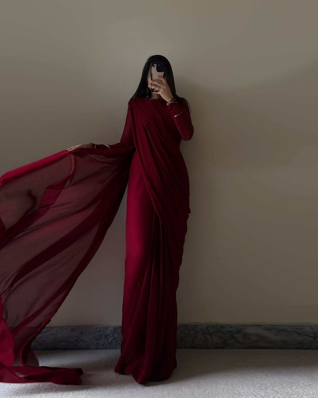 Maroon Stitched Chiffon Drape Saree