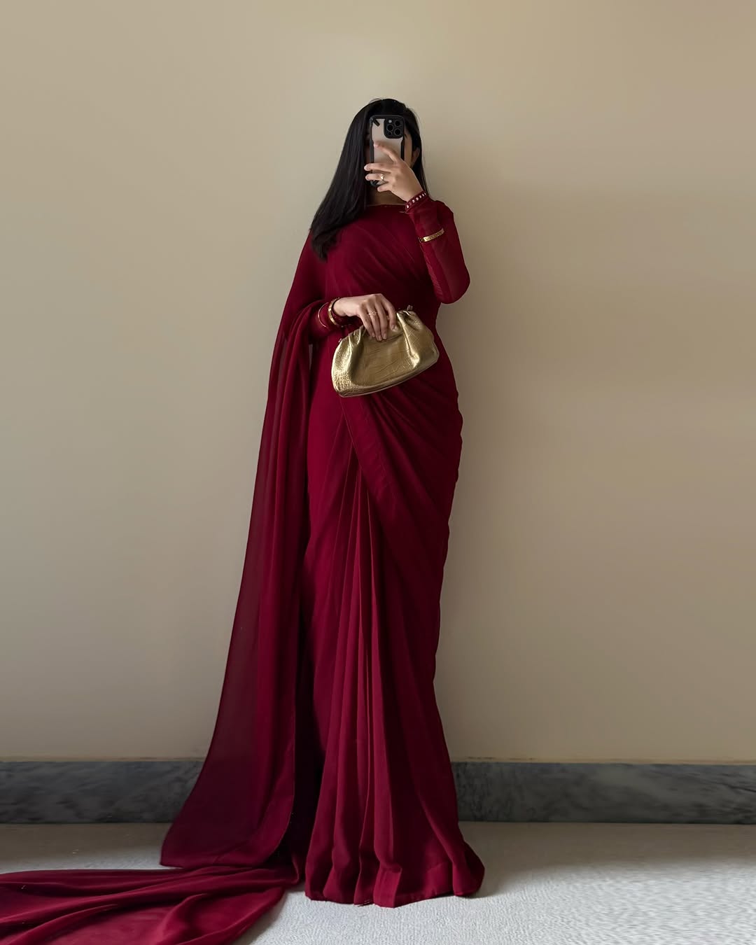 Maroon Stitched Chiffon Drape Saree
