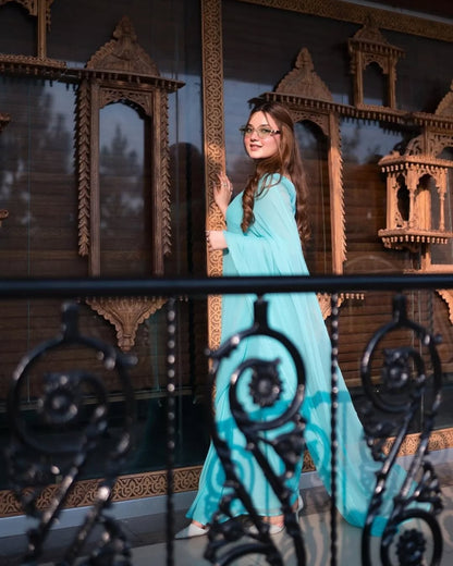 Aqua Blue Elegant Chiffon Saree