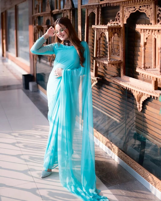Aqua Blue Elegant Chiffon Saree