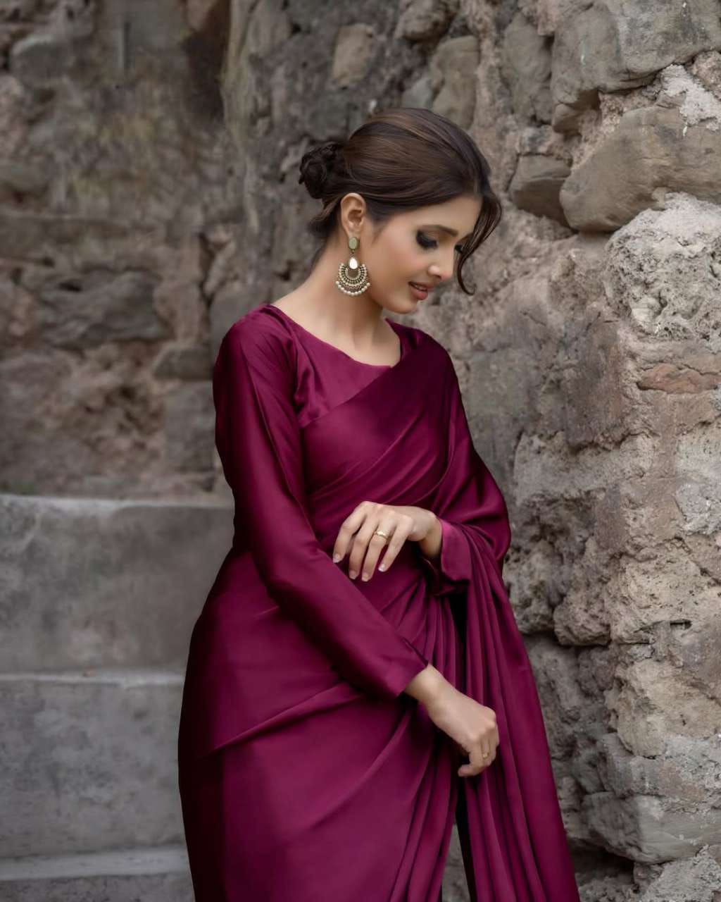 Magenta Stitched Plain Silk Saree