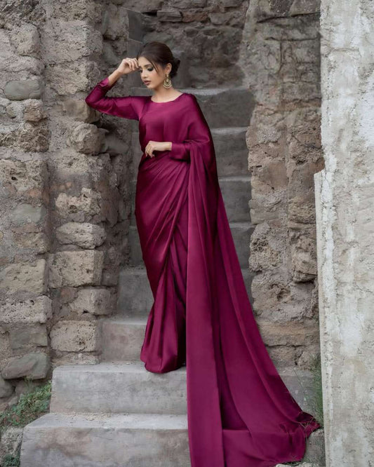 Magenta Stitched Plain Silk Saree