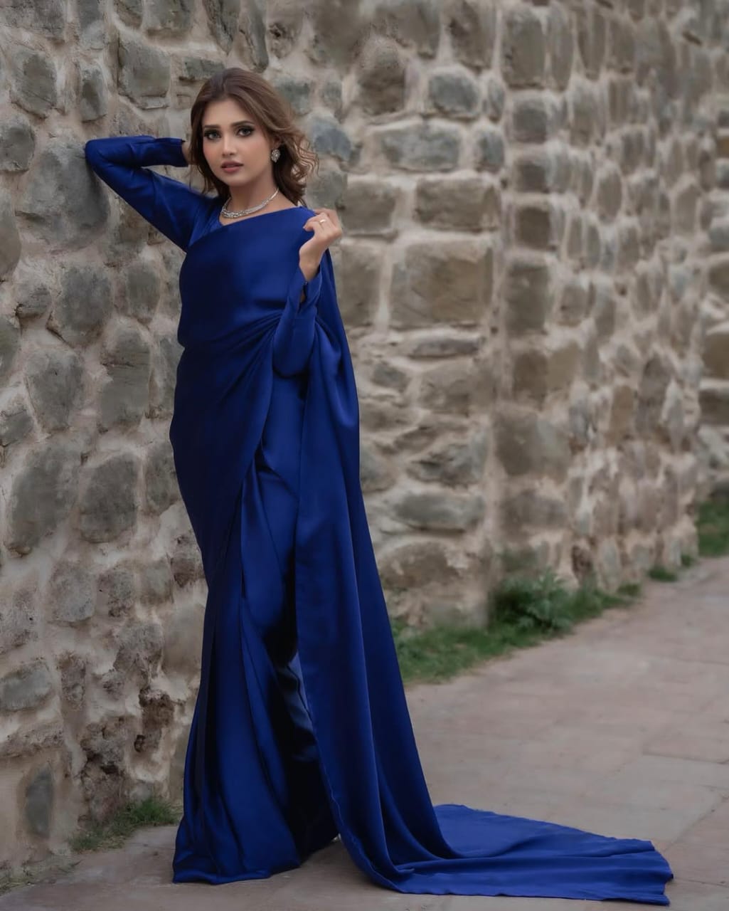 Royal Blue Stitched Plain Silk Saree
