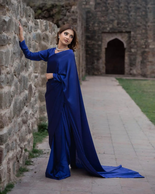 Royal Blue Stitched Plain Silk Saree