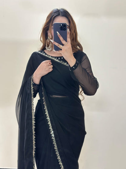 Ruh-e-Nazakat Stitched Chiffon Saree Black