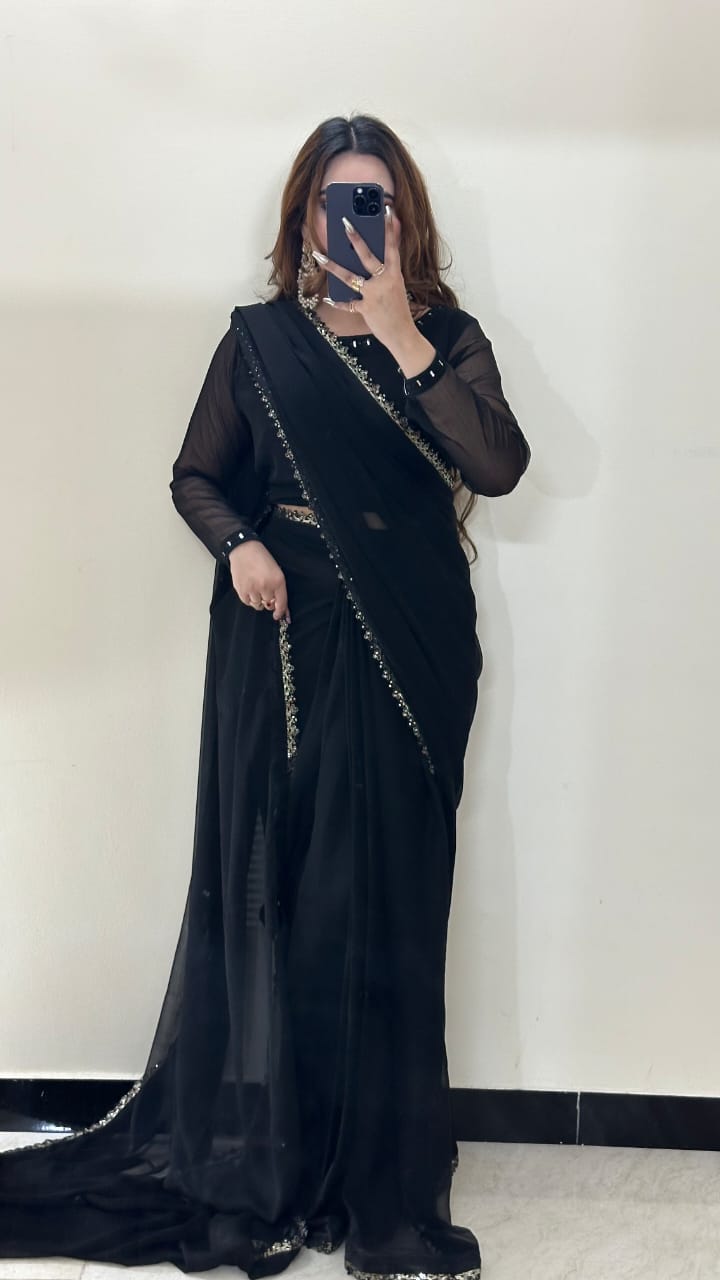 Ruh-e-Nazakat Stitched Chiffon Saree Black