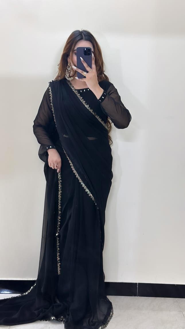 Ruh-e-Nazakat Stitched Chiffon Saree Black