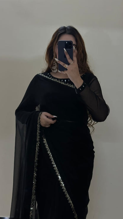 Ruh-e-Nazakat Stitched Chiffon Saree Black