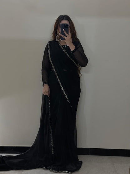 Ruh-e-Nazakat Stitched Chiffon Saree Black