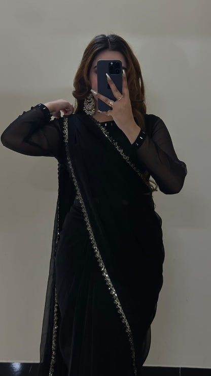 Ruh-e-Nazakat Stitched Chiffon Saree Black