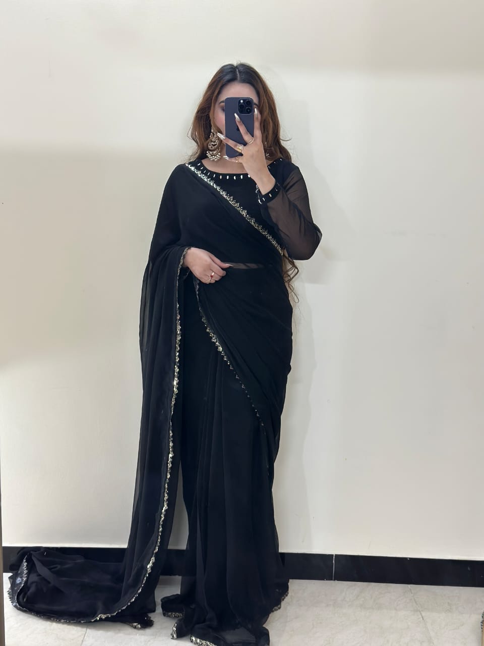 Ruh-e-Nazakat Stitched Chiffon Saree Black