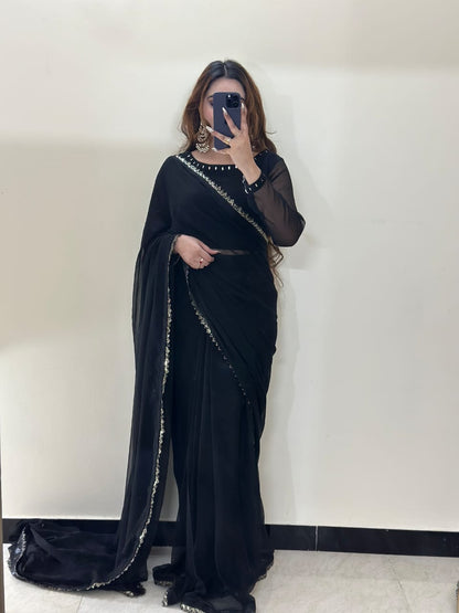Ruh-e-Nazakat Stitched Chiffon Saree Black
