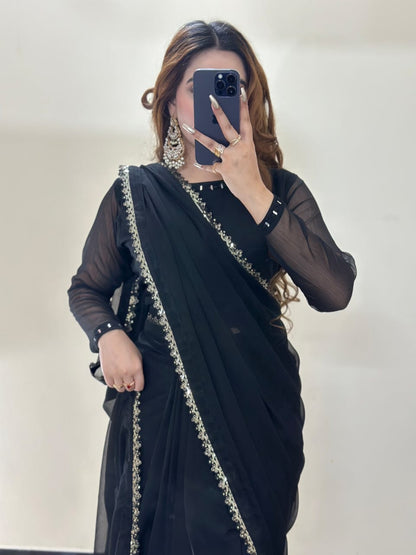 Ruh-e-Nazakat Stitched Chiffon Saree Black