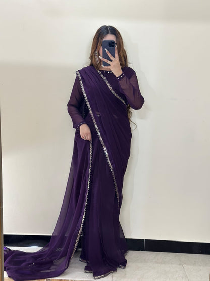 Ruh-e-Nazakat Stitched Chiffon Saree Purple
