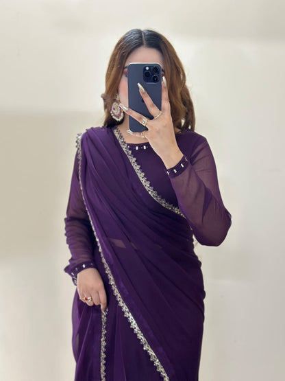 Ruh-e-Nazakat Stitched Chiffon Saree Purple