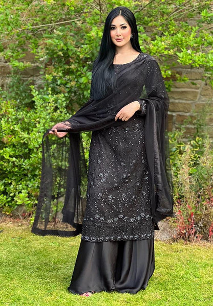 Regal Black Embroided Long Shirt Plazo