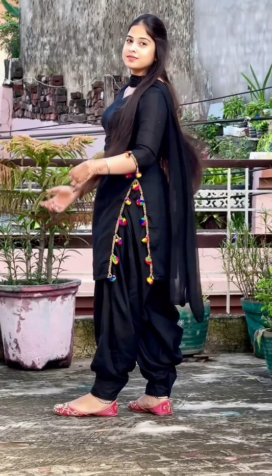 3pc Traditional Black Punjabi Dress with Colorful Tassels