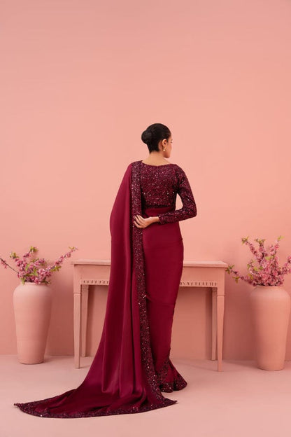 Elegant Stitched Moonlight Silk Saree Mehroon