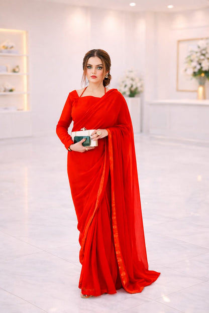 LuxeFit Glow – Premium Chiffon Stitched Saree