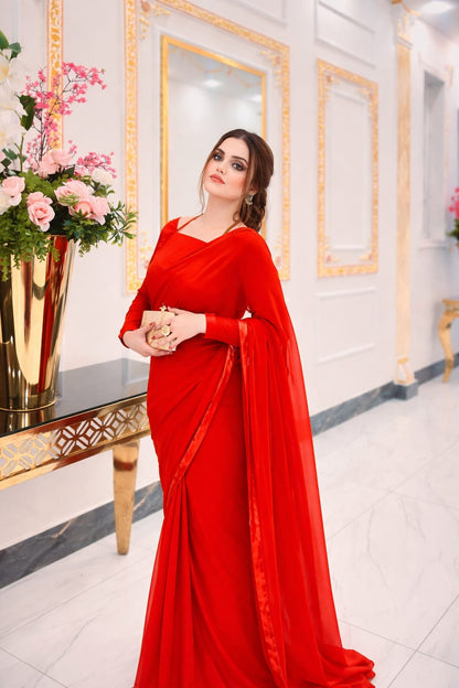 LuxeFit Glow – Premium Chiffon Stitched Saree