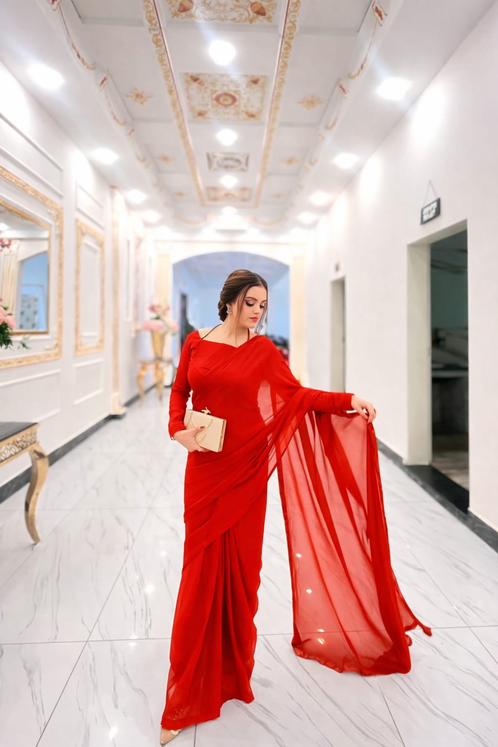 LuxeFit Glow – Premium Chiffon Stitched Saree