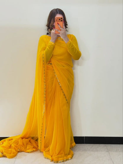 Ruh-e-Nazakat Stitched Chiffon Saree Yellow