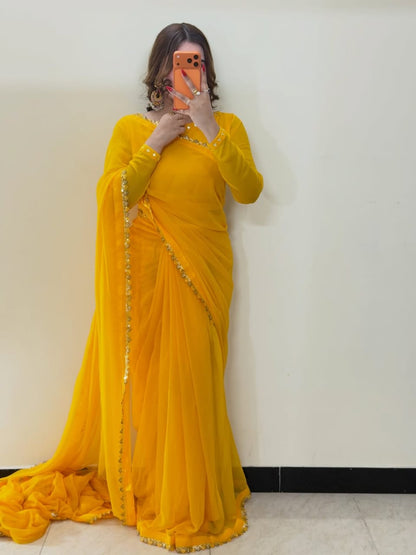 Ruh-e-Nazakat Stitched Chiffon Saree Yellow
