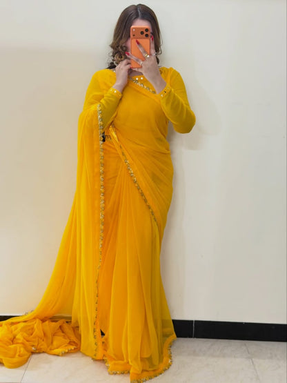 Ruh-e-Nazakat Stitched Chiffon Saree Yellow