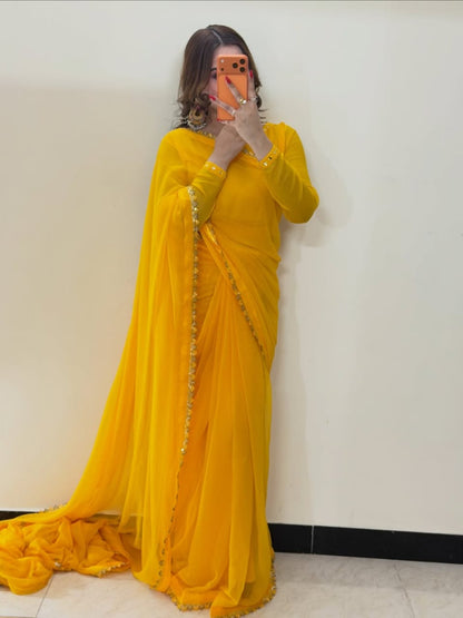 Ruh-e-Nazakat Stitched Chiffon Saree Yellow