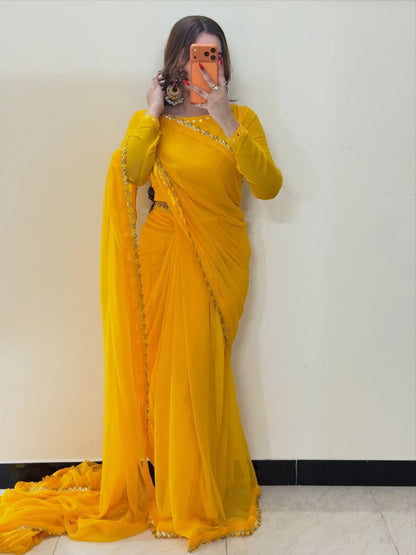 Ruh-e-Nazakat Stitched Chiffon Saree Yellow