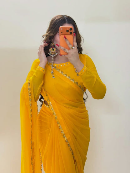 Ruh-e-Nazakat Stitched Chiffon Saree Yellow