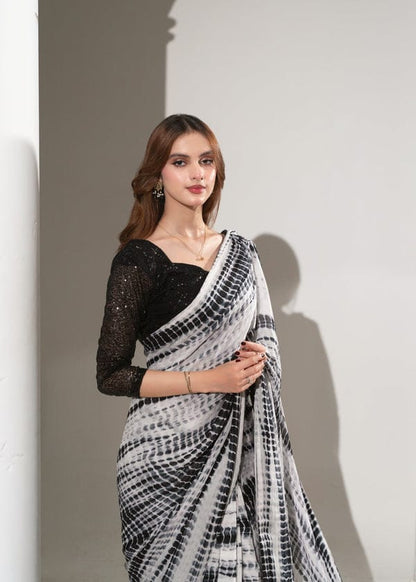 Black & White Tie-Dye Stitched Saree