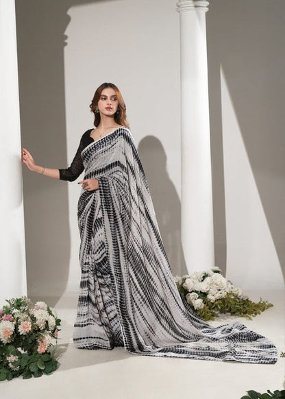 Black & White Tie-Dye Stitched Saree